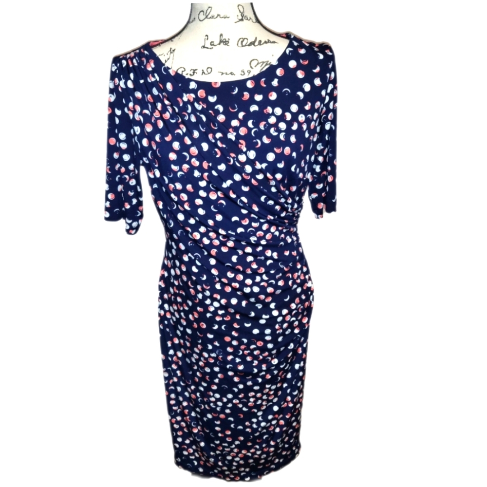 NWOT CONNECTED APPAREL DRESS 3/4 SLEEVES RUCHED SIDES CROSS OVER FRONT POLKA DOT
